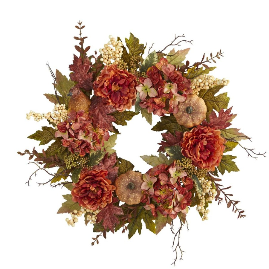 Holiday * | 24 In. Peony, Hydrangea And Pumpkin Fall Artificial Wreath Simple Drawing