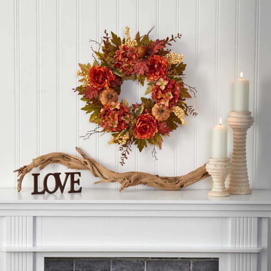 Holiday * | 24 In. Peony, Hydrangea And Pumpkin Fall Artificial Wreath Simple Drawing