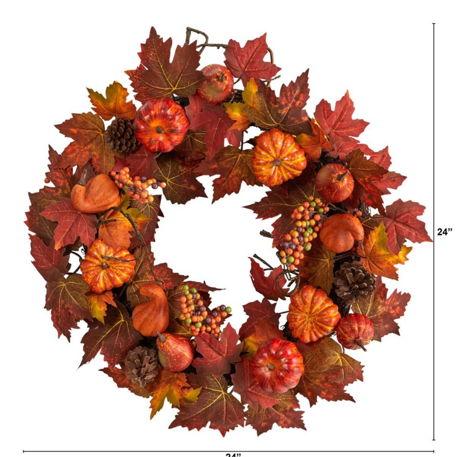 Holiday * | Nearly Natural 24"Maple, Pumpkin, Pinecone And Berriesfall Wreath At Unbeatable Price