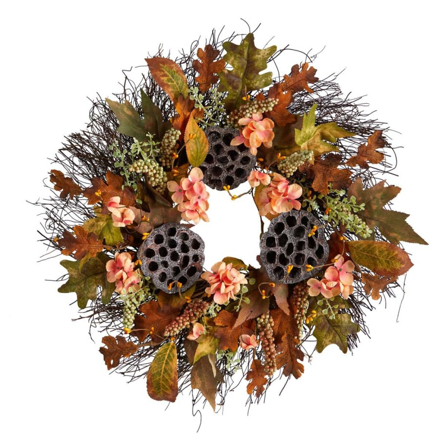 Holiday * | Nearly Natural 22" Autumn Hydrangea, Dried Lotus Pod Fall Wreath Limited Edition