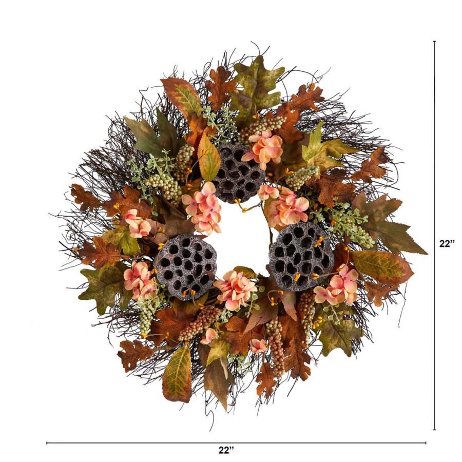 Holiday * | Nearly Natural 22" Autumn Hydrangea, Dried Lotus Pod Fall Wreath Limited Edition