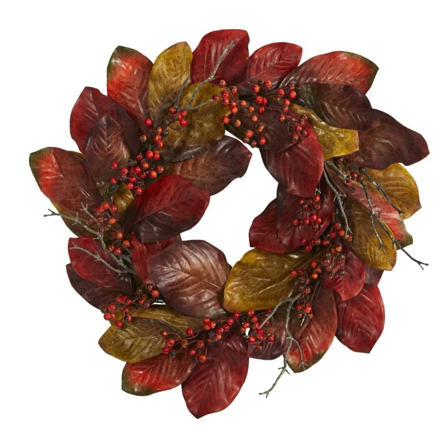 Holiday * | 24 In. Harvest Magnolia Leaf And Berries Artificial Wreath Online Discount