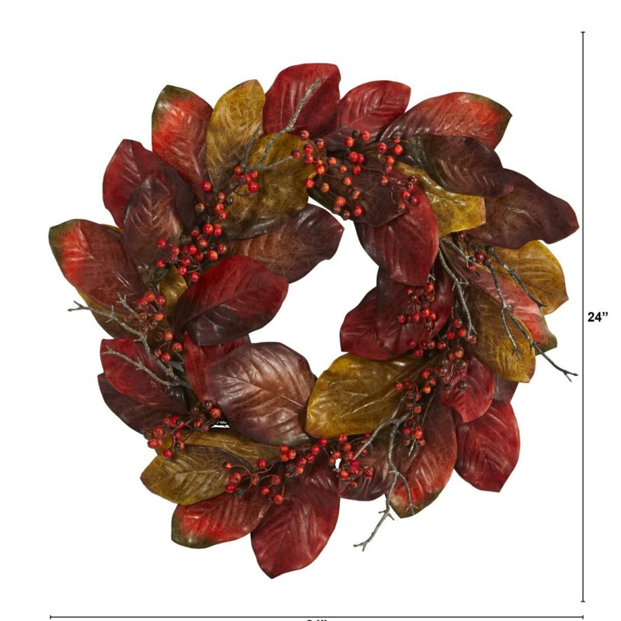 Holiday * | 24 In. Harvest Magnolia Leaf And Berries Artificial Wreath Online Discount