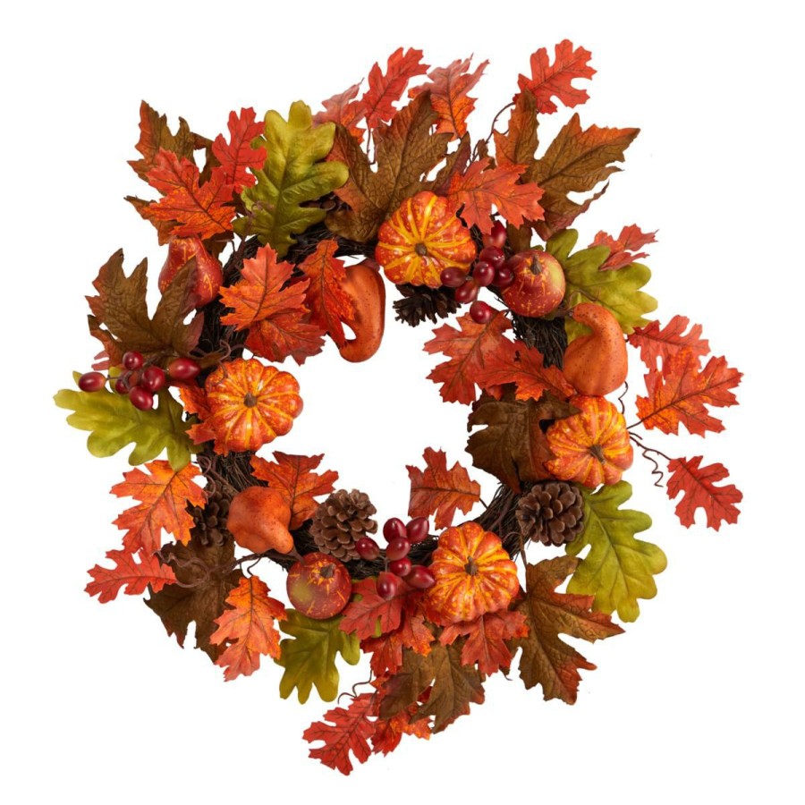 Holiday * | Nearly Natural 20"Assorted Maple, Pumpkin And Berryfall Wreath Attractive Model