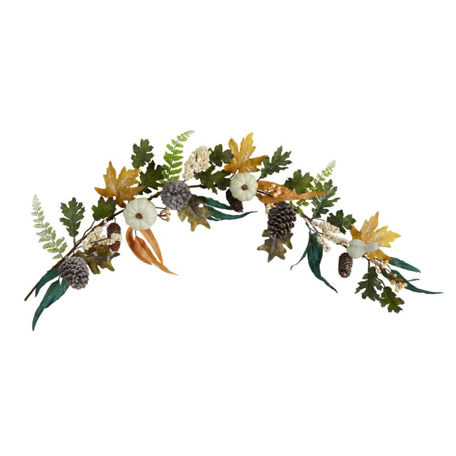 Holiday * | Nearly Natural 4' White Pumpkin, Pinecones And Berries Garland Absolute Quality