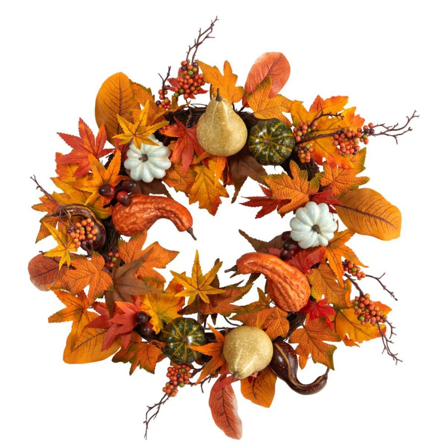 Holiday * | Nearly Natural 24"Pumpkin, Gourd And Berries In Colorful Fall Wreath At The Best Price