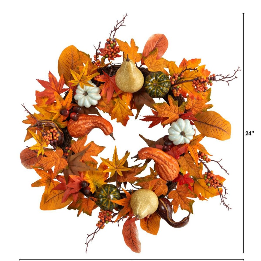 Holiday * | Nearly Natural 24"Pumpkin, Gourd And Berries In Colorful Fall Wreath At The Best Price