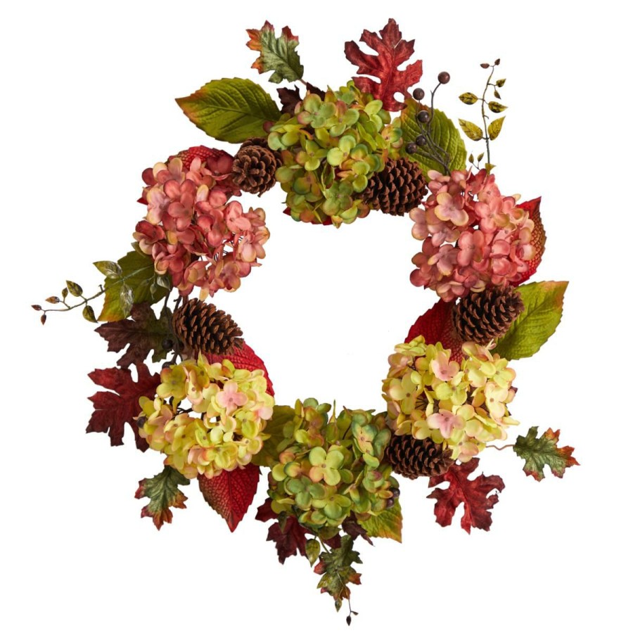 Holiday * | Nearly Natural 25" Autumn Hydrangea And Pinecones Fall Wreath At The Best Price