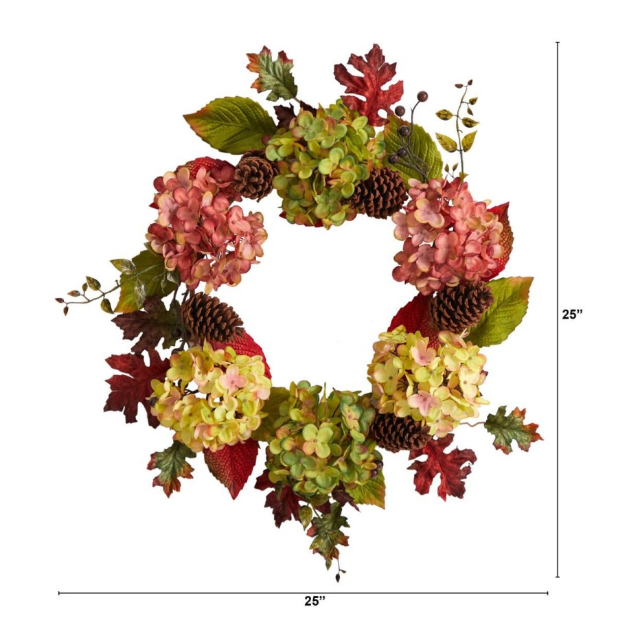 Holiday * | Nearly Natural 25" Autumn Hydrangea And Pinecones Fall Wreath At The Best Price