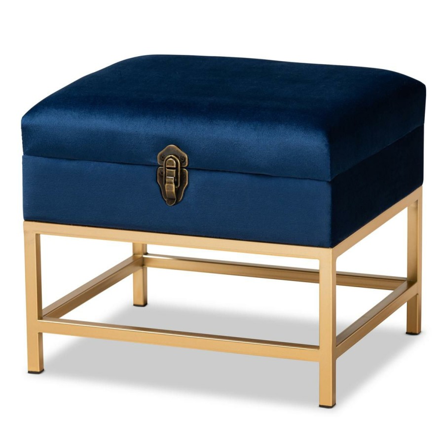 Furniture * | Limit Offer Wholesale Interiors Aliana Velvet Upholstered Small Storage Ottoman Navy Blue