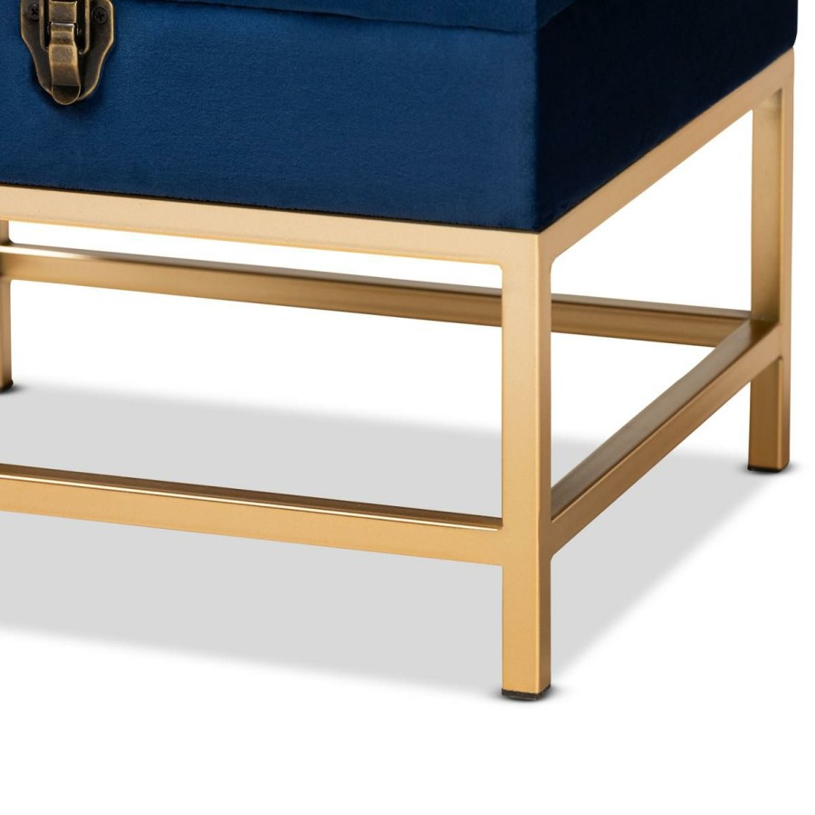 Furniture * | Limit Offer Wholesale Interiors Aliana Velvet Upholstered Small Storage Ottoman Navy Blue