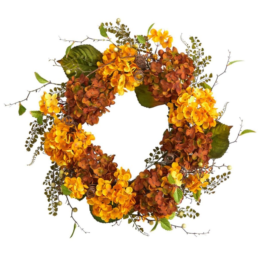 Holiday * | Nearly Natural 24" Fall Hydrangea Artificial Autumn Wreath On Sale