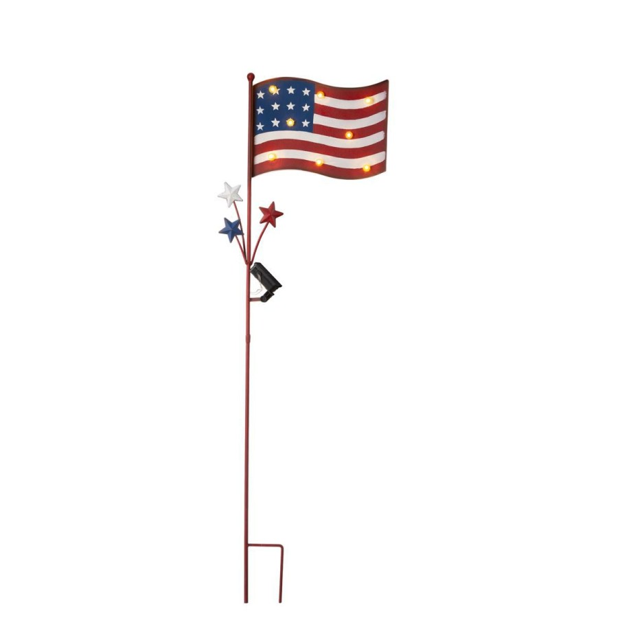 Holiday * | Discount Store Glitzhome 42 Metal Patriotic Americana Flag Yard Stake&Solar Lights