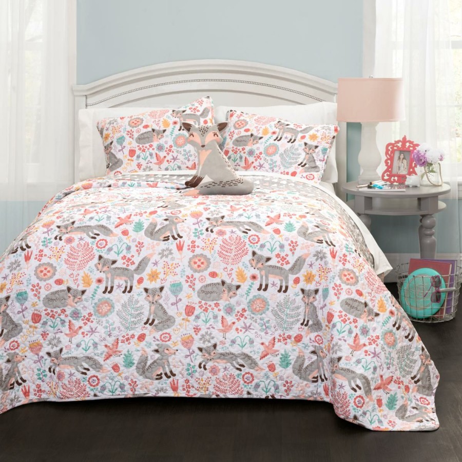 Quilts & Bedspreads * | Special Design Lush Decor Pixie Fox Quilt Gray-Pink 4Pc Set Full/Queen