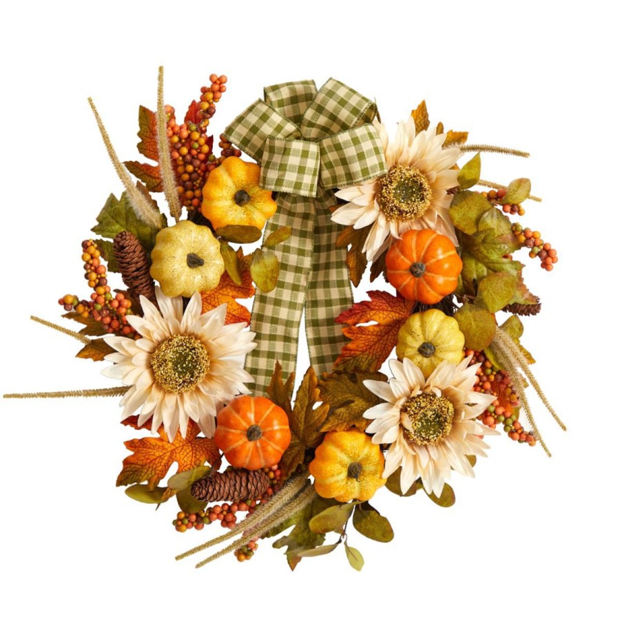 Holiday * | Nearly Natural 24" Fall Pumpkin, Sunflower Wreath With Decor Ribbon At The Best Price