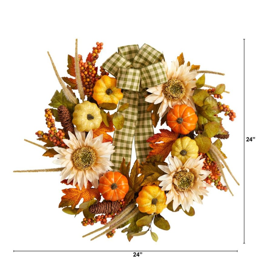 Holiday * | Nearly Natural 24" Fall Pumpkin, Sunflower Wreath With Decor Ribbon At The Best Price