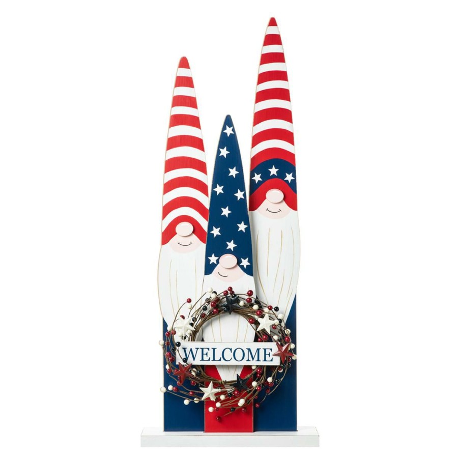 Holiday * | High Quality Glitzhome 36 Wooden Patriotic Gnome Family With Wreath Porch Decor