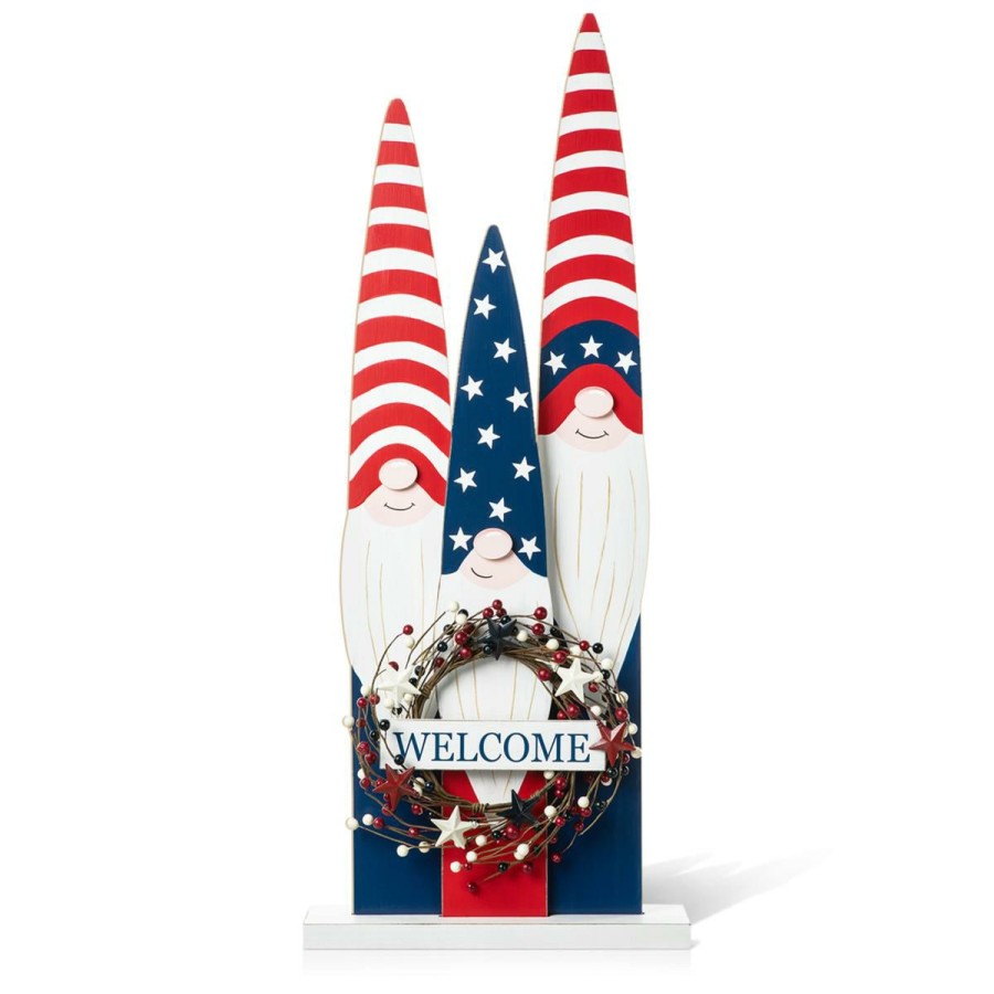 Holiday * | High Quality Glitzhome 36 Wooden Patriotic Gnome Family With Wreath Porch Decor