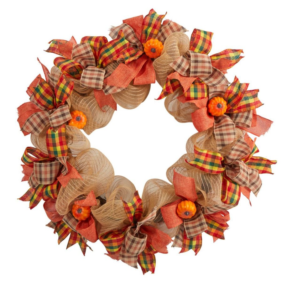 Holiday * | Nearly Natural 30" Autumn Pumpkin W/ Decor Bows Artificial Fall Wreath At Unbeatable Price