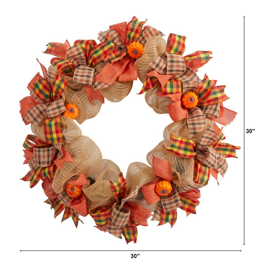 Holiday * | Nearly Natural 30" Autumn Pumpkin W/ Decor Bows Artificial Fall Wreath At Unbeatable Price