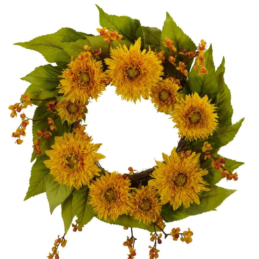 Holiday * | Nearly Natural 22" Golden Sunflower Wreath Typical Style