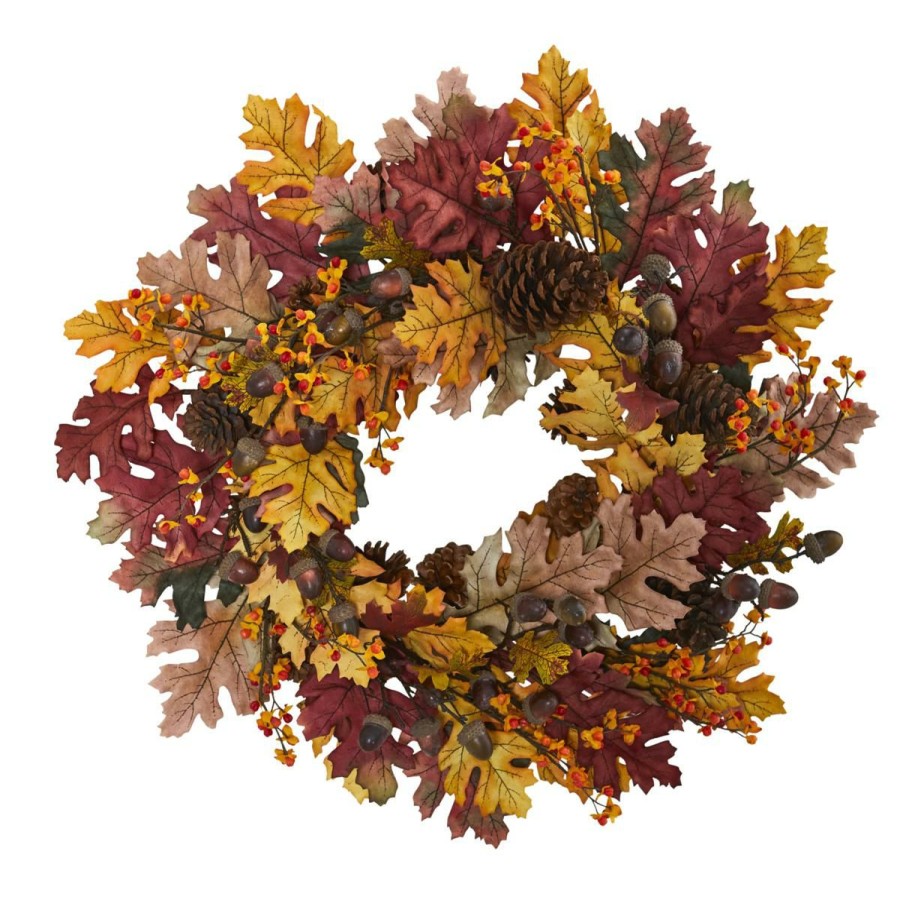 Holiday * | Nearly Natural 24" Oak Leaf, Acorn&Pine Wreath At The Best Price