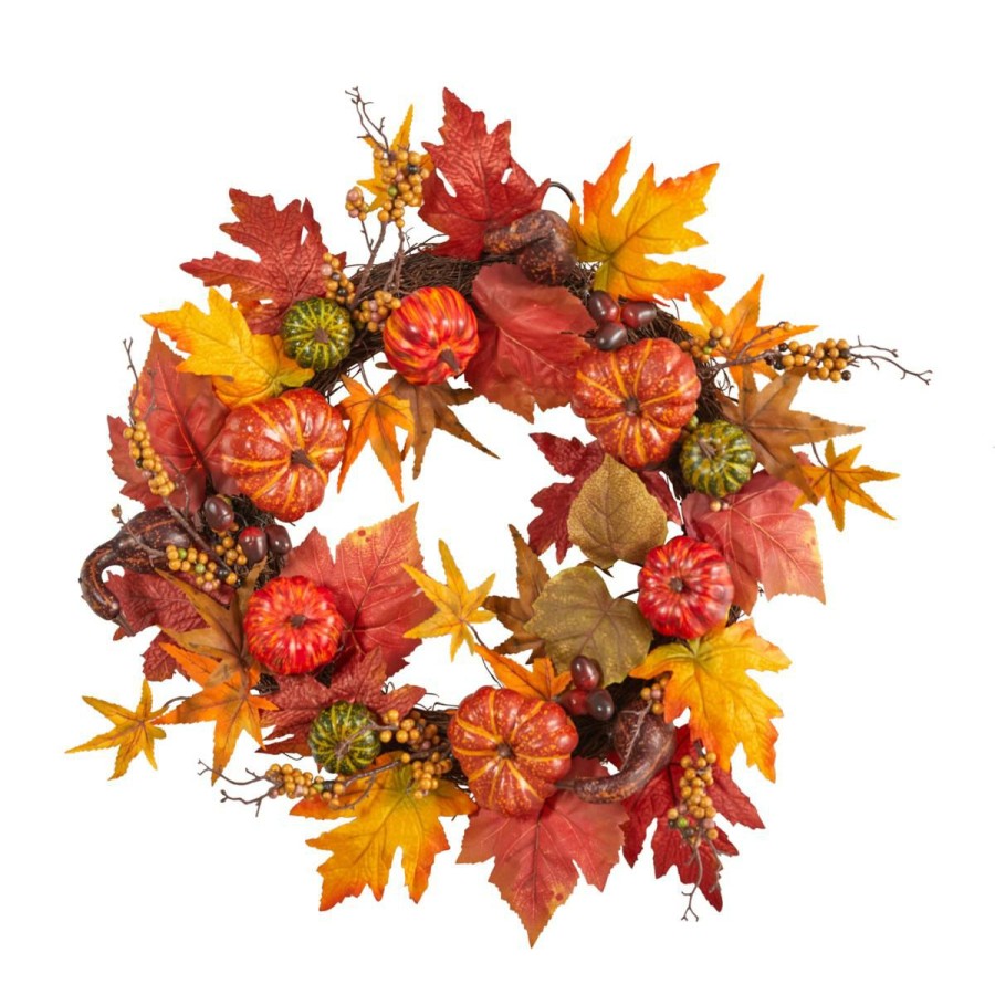 Holiday * | Nearly Natural 24" Autumn Pumpkin And Berries Artificial Fall Wreath Absolute Quality