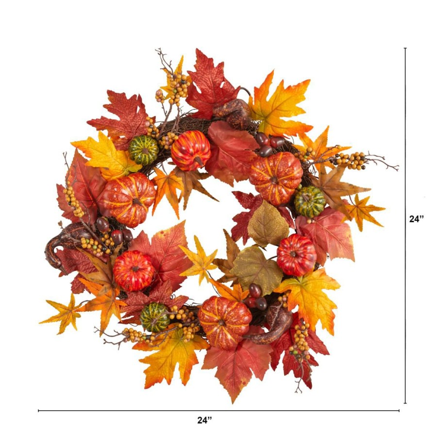 Holiday * | Nearly Natural 24" Autumn Pumpkin And Berries Artificial Fall Wreath Absolute Quality