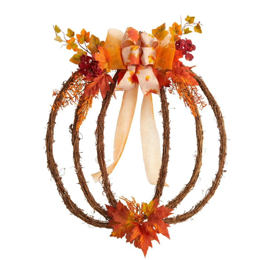 Holiday * | Nearly Natural 26" Autumn Pumpkin Artificial Vine Fall Wreath Half Price