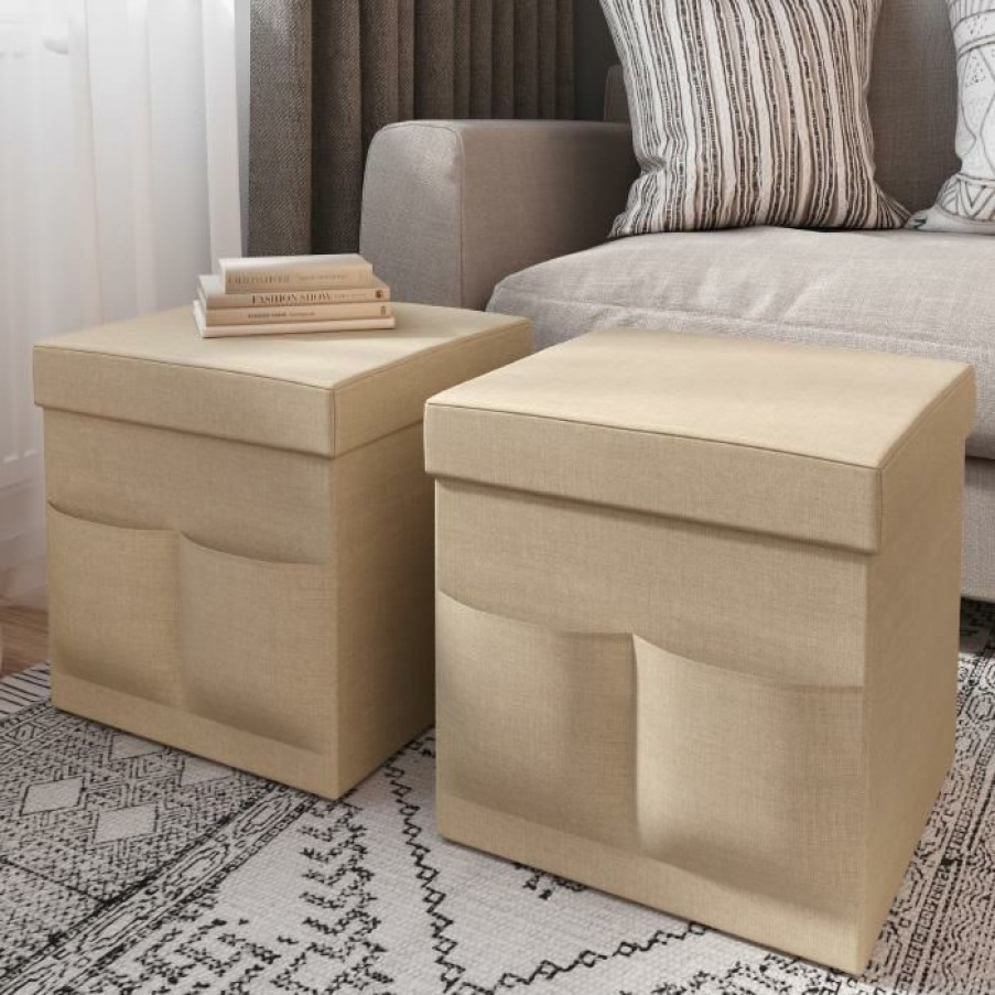 Furniture * | Absolute Quality Hastings Home Foldable Storage Cube Ottoman With Pockets 2-Pack