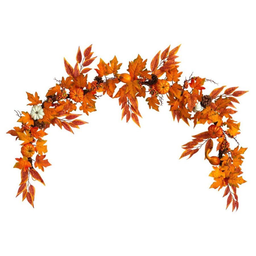 Holiday * | Nearly Natural 6' Assortedmaple, Pumpkins, Gourds, Berries Garland At The Best Price