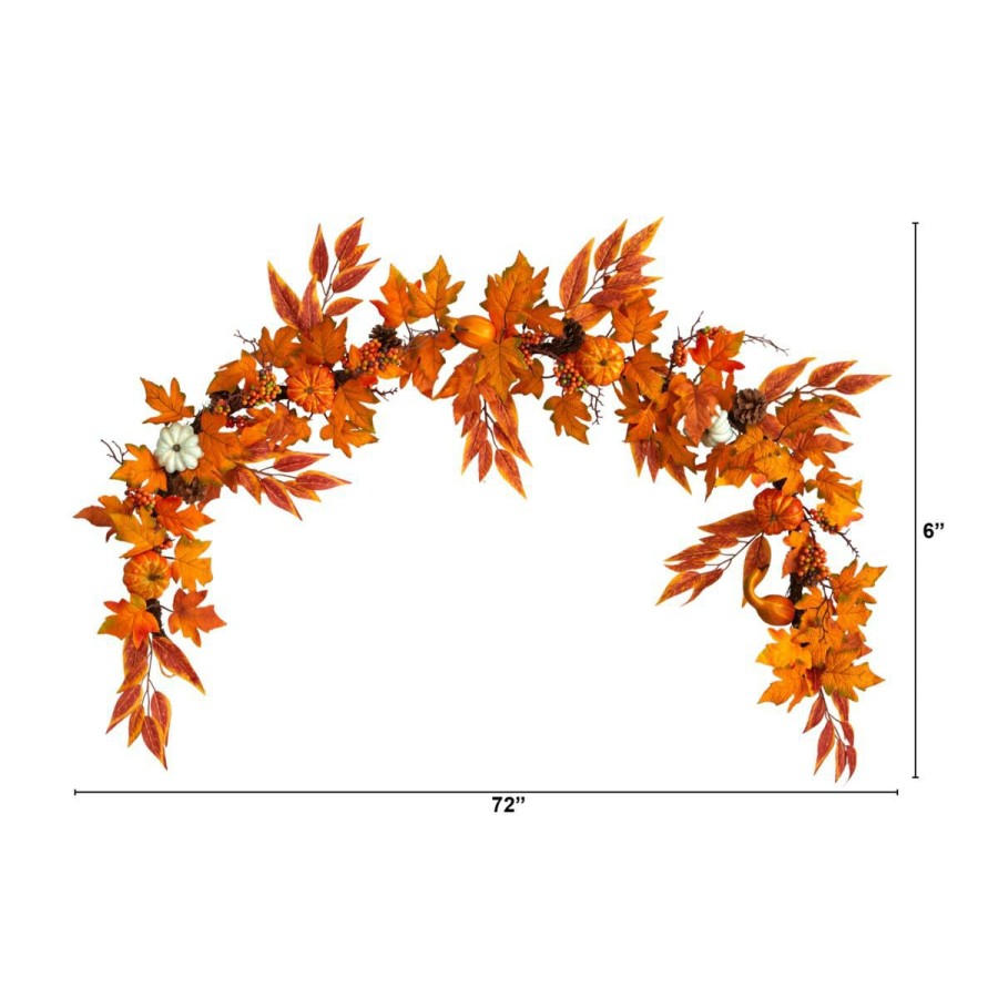 Holiday * | Nearly Natural 6' Assortedmaple, Pumpkins, Gourds, Berries Garland At The Best Price